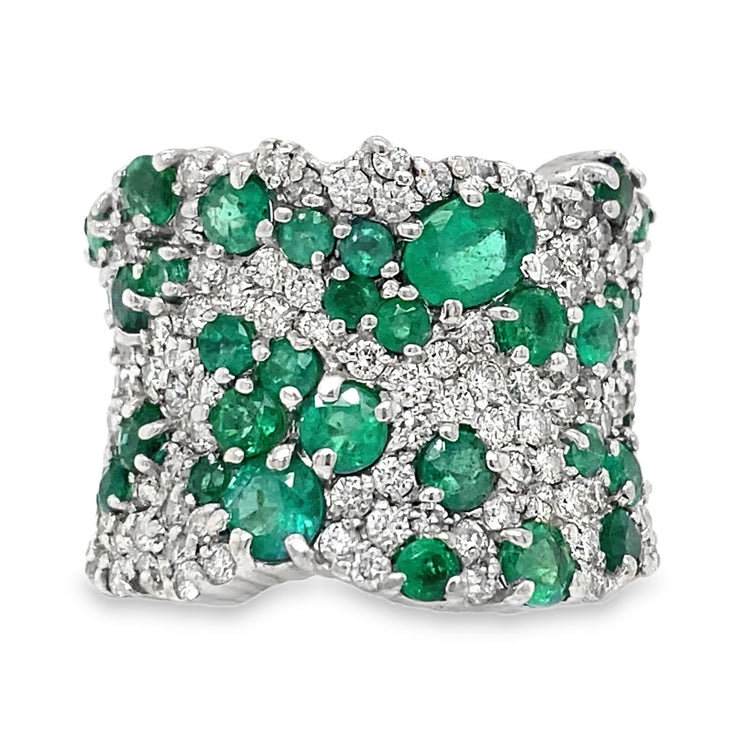 Wide Scattered Emerald & Diamond Ring